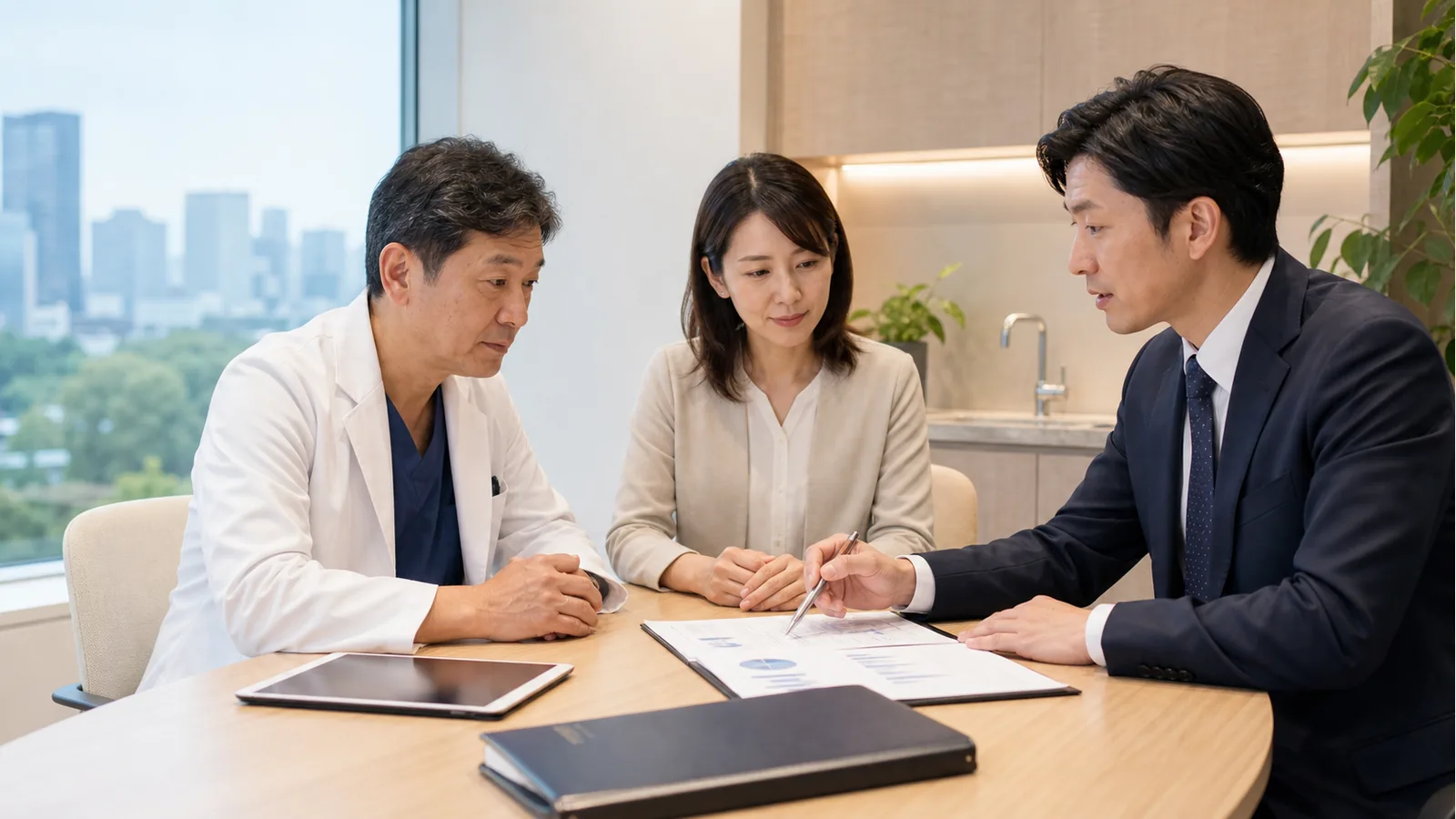 有楽町・銀座・日比谷周辺のクリニックM&Aで医師とアドバイザーが事業承継を相談する写真
