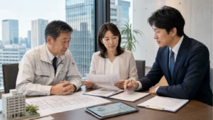 有楽町・銀座・丸の内周辺の不動産管理会社M&Aで管理会社代表とアドバイザーが事業承継を相談する写真
