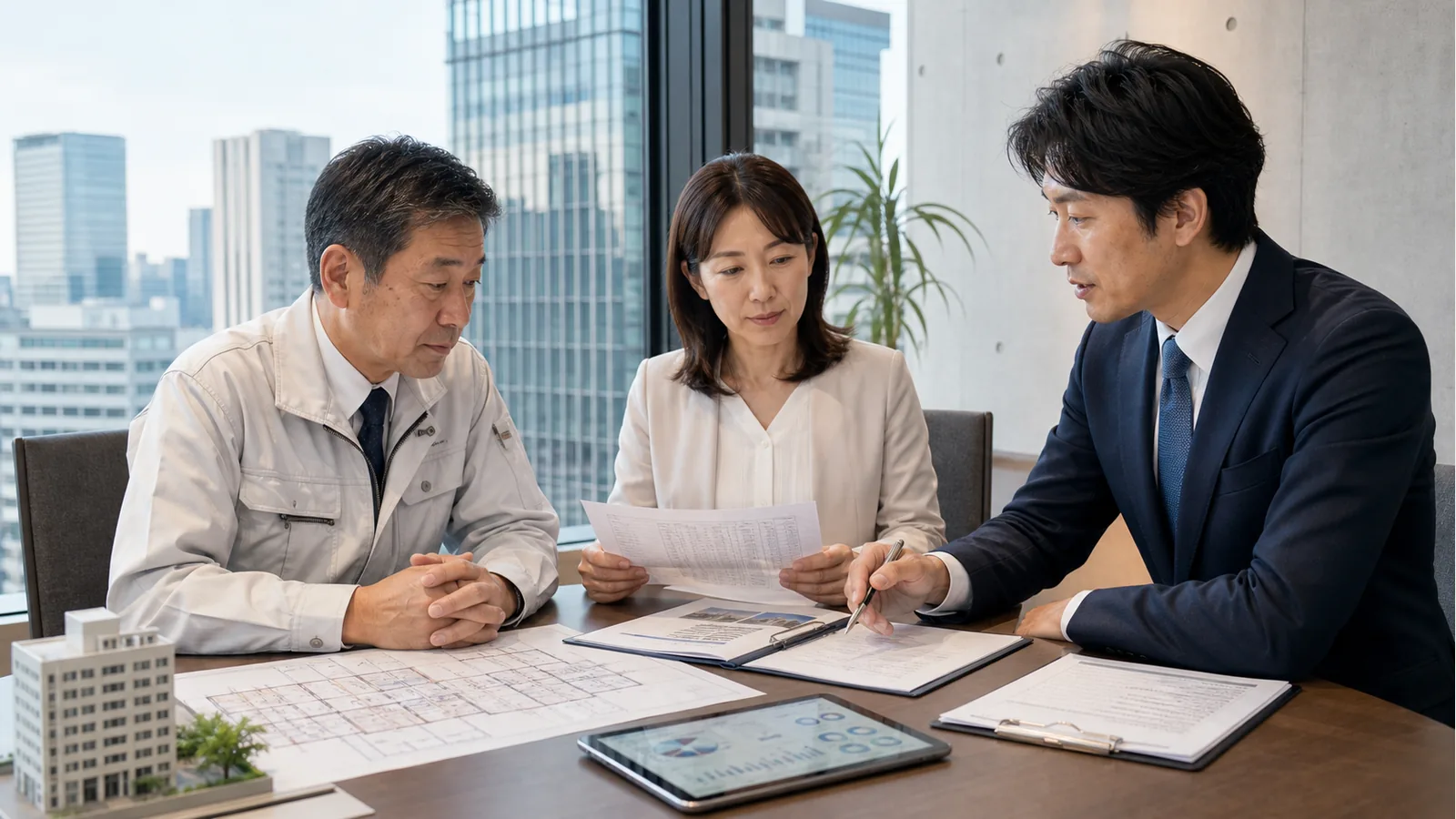 有楽町・銀座・丸の内周辺の不動産管理会社M&Aで管理会社代表とアドバイザーが事業承継を相談する写真
