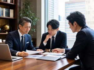 丸の内近くの専門事務所で後継者候補と事業承継を確認する写真