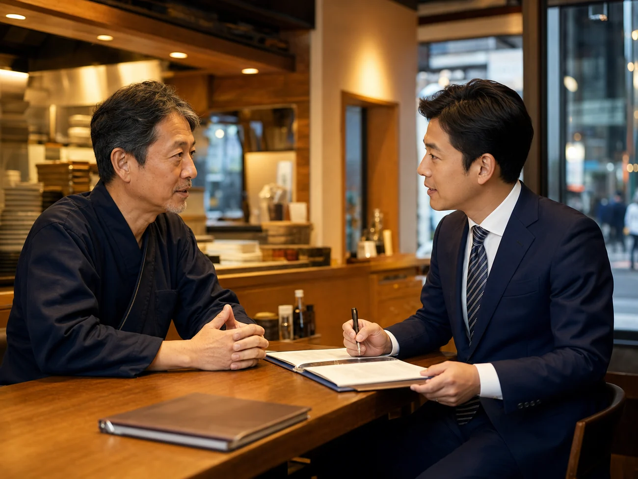 有楽町周辺の飲食店オーナーがM&Aアドバイザーと会社売却を相談する写真