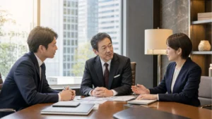 有楽町・銀座・丸の内周辺の士業事務所M&A相談を想定したビジネス面談風景