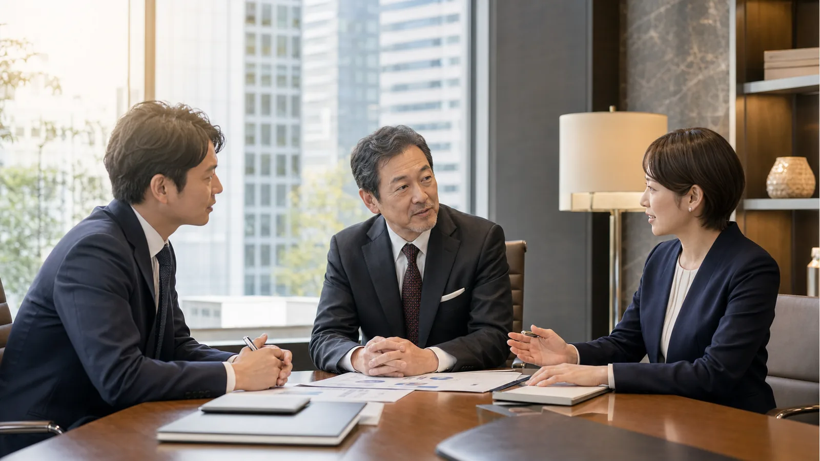 有楽町・銀座・丸の内周辺の士業事務所M&A相談を想定したビジネス面談風景