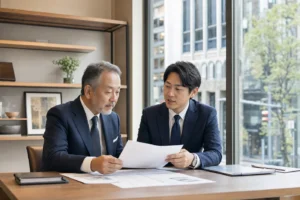 後継者不在の企業オーナーが事業承継資料を確認する相談イメージ