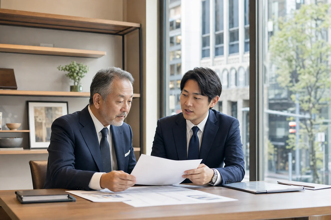 後継者不在の企業オーナーが事業承継資料を確認する相談イメージ